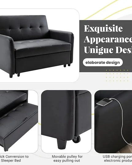 3 in 1 Convertible Sleeper Loveseat Sofa with Pull Out Bed, Reclining Backrest and Dual USB Ports , Faxu Leather Futon Couches Pullout Sofabed Lounge Chaise for Living Room Apartment Small Place - LeafyLoom