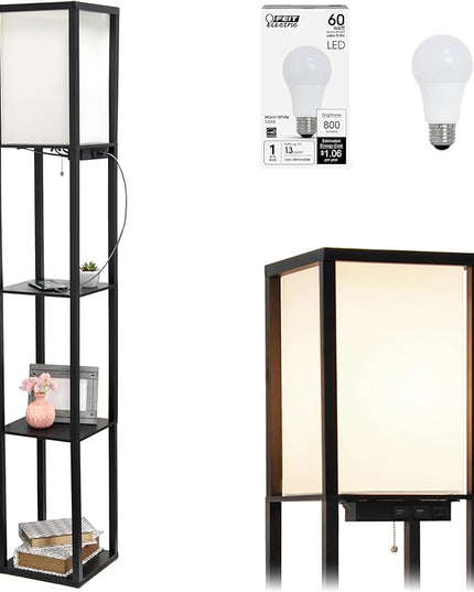 Simple Designs LF1037-BLK-LB Three Shelf Etagere Organizer Storage Floor Lamp with 2 Dual USB Ports and Charging Outlet, Black, with Feit LED Bulb Included - LeafyLoom
