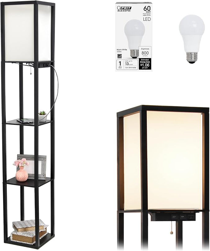 Simple Designs LF1037-BLK-LB Three Shelf Etagere Organizer Storage Floor Lamp with 2 Dual USB Ports and Charging Outlet, Black, with Feit LED Bulb Included - LeafyLoom