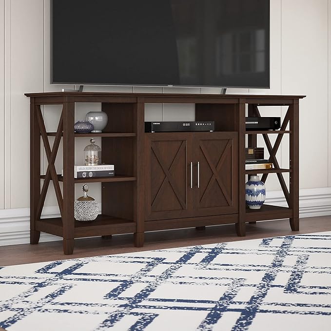 Bush Furniture Key West Tall Stand for 65 Inch TV, Farmhouse Entertainment Center with Storage, Bing Cherry - LeafyLoom