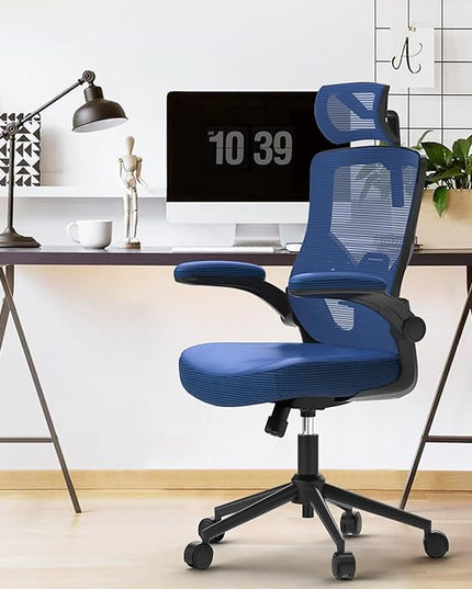 𝑯𝑶𝑴𝑬 𝑶𝑭𝑭𝑰𝑪𝑬 𝑪𝑯𝑨𝑰𝑹, Ergonomic Mesh Desk Chair, High Back Computer Chair- Adjustable Headrest with Flip-Up Arms, Lumbar Support, Swivel Executive Task Chair (Portimao Blue, Modern) - LeafyLoom