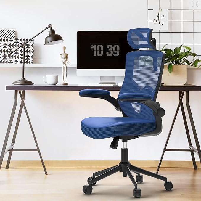 𝑯𝑶𝑴𝑬 𝑶𝑭𝑭𝑰𝑪𝑬 𝑪𝑯𝑨𝑰𝑹, Ergonomic Mesh Desk Chair, High Back Computer Chair- Adjustable Headrest with Flip-Up Arms, Lumbar Support, Swivel Executive Task Chair (Portimao Blue, Modern) - LeafyLoom