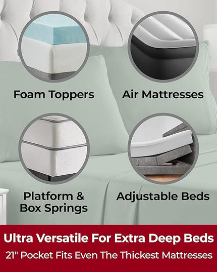 Mellanni Extra Deep California King Sheets - 4 PC Iconic Collection Bedding Sheets & Pillowcases - Hotel Luxury, Ultra Soft, Cooling Bed Sheets - Extra Deep Pocket up to 21 inch (Cal King, Sage) - LeafyLoom