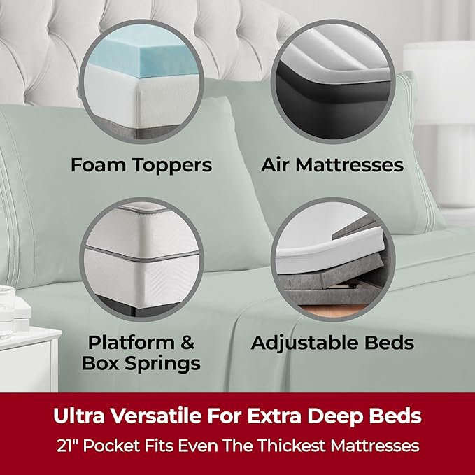 Mellanni Extra Deep King Sheets - 4 PC Iconic Collection Bedding Sheets & Pillowcases - Hotel Luxury, Ultra Soft, Cooling Bed Sheets - Extra Deep Pocket up to 21 inch (King, Sage) - LeafyLoom