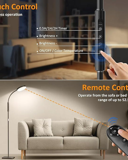 LED Floor Lamp, Height Adjustable Floor Lamps for Living Room, Super Bright Standing Lamp with Timer, Adjustable Colors & Brightness Floor lamp for Bedroom with Remote & Touch Control, Black - LeafyLoom