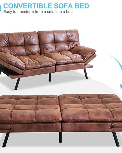 MUUEGM Futon Sofa Bed Couch - Convertible Sofa Bed, Loveseat Sleeper Sofa with Adjustable Backrest, Memory Foam Folding Futon for Living Room, Small Space, Apartment, PU Leather Brown - LeafyLoom