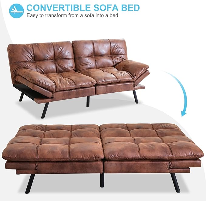 MUUEGM Futon Sofa Bed Couch - Convertible Sofa Bed, Loveseat Sleeper Sofa with Adjustable Backrest, Memory Foam Folding Futon for Living Room, Small Space, Apartment, PU Leather Brown - LeafyLoom