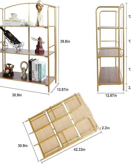 No Assembly Folding Bookshelf, 3 Tier Gold Bookshelf, Metal Book Shelf for Storage, Folding Bookcase for Office Organization and Storage, 12.87" D x 30.9" W x 42.33" H - LeafyLoom