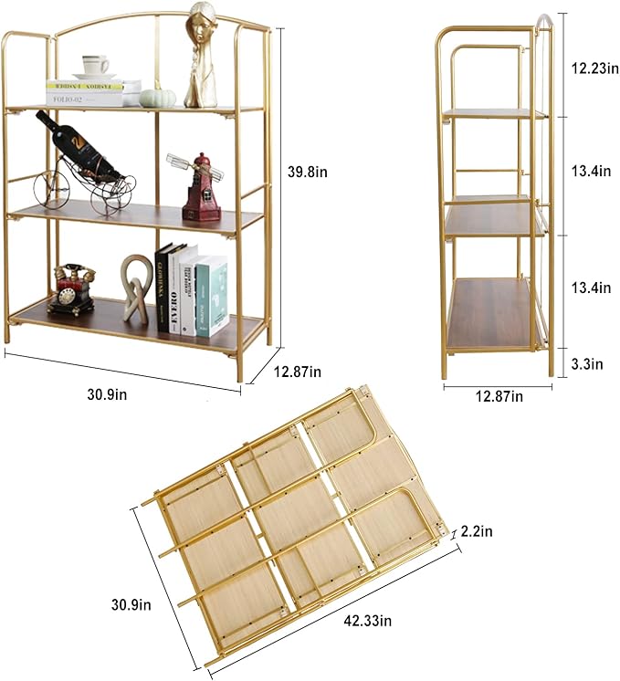 No Assembly Folding Bookshelf, 3 Tier Gold Bookshelf, Metal Book Shelf for Storage, Folding Bookcase for Office Organization and Storage, 12.87" D x 30.9" W x 42.33" H - LeafyLoom
