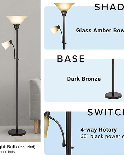 Catalina Lighting 18223-002 Transitional Uplight Floor Lamp with Reading Light, Standing Lamp, Living Room Light, LED Bulb NOT Included,71", Dark Bronze - LeafyLoom