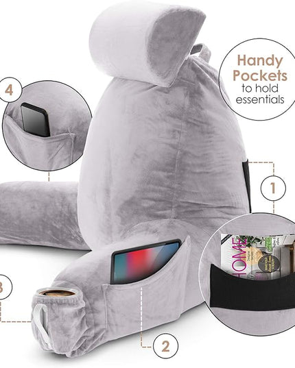 Clara Clark Reading Pillow, Large Back Pillow for Sitting Up in Bed, Memory Foam Back Support Pillow, Reading Pillows for Sitting in Bed Adult Grey Lavender Sit Up Pillow for Bed with Arms and Pockets - LeafyLoom