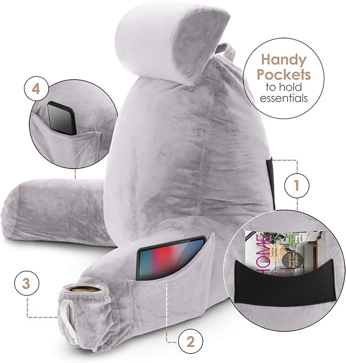 Clara Clark Reading Pillow, Large Back Pillow for Sitting Up in Bed, Memory Foam Back Support Pillow, Reading Pillows for Sitting in Bed Adult Grey Lavender Sit Up Pillow for Bed with Arms and Pockets - LeafyLoom