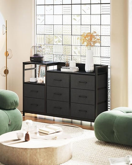 ODK Dresser with Charging Station, 52-Inch Long Dresser TV Stand for Bedroom, Large Dresser with 8 Storage Drawers, Chest of Drawers Easy-Pull Fabric Dressers for Living Room, Black - LeafyLoom