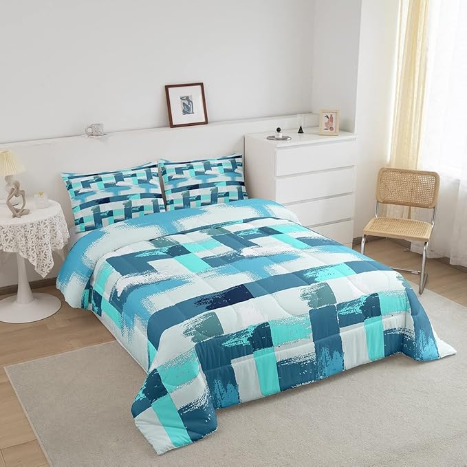 Teal Comforter Set Full Size Turquoise Comforter Blue Grey Grunge Ombre Bedding Set for Kids Boys Girls Adults Bedroom Decor Watercolor Abstract Contemporary Quilt Duvet Insert with 2 Pillowcases - LeafyLoom