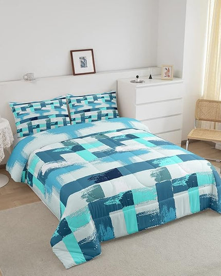 Teal Blue Stripes Comforter Set for Girls Boys Kids Turquoise Stripe Line Bedding Set Geometric Down Comforter Room Decor Abstract Art Gradient Ombre Quilt Queen Size Duvet Set 3Pcs Boys - LeafyLoom