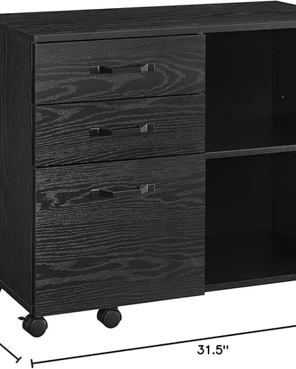 VASAGLE Lateral File Cabinet, Home Office Printer Stand, with 3 Drawers and Open Storage Shelves, for A4, Letter-Size Documents, Black with Wood Grain - LeafyLoom