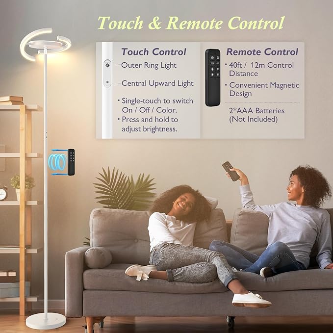 FIMEI Modern LED Floor Lamp Saturn Ring Original Design, Stepless Dimming and 3 Color Temperature, Rotatable and Independent Control of Round Light and Ring Light for Living Room Bedroom Office, White - LeafyLoom