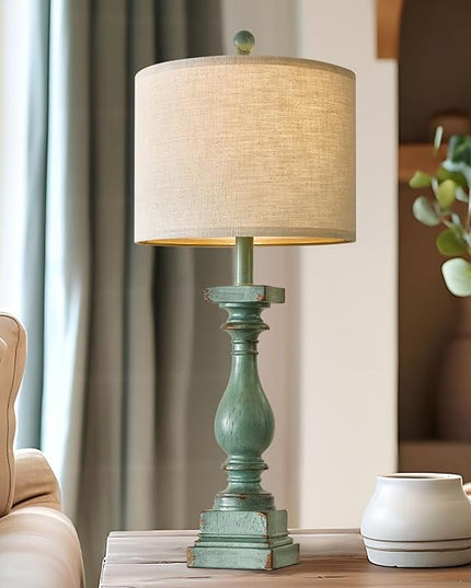 BOBOMOMO 27" Farmhouse Table Lamp Set of 2 with USB A+C for Bedroom Living Room Vintage Rustic Traditional Nightstand Bedside Lamps Retro Side Table Lamps (Green) - LeafyLoom