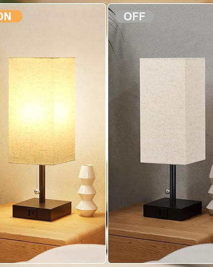aooshine Bedside Lamps Set of 2 - Beige, USB A and USB C Charging, Pull Chain Control, Bulb NOT Included, Small - LeafyLoom