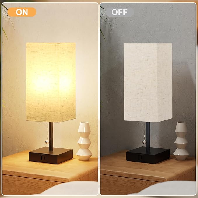 aooshine Bedside Lamps Set of 2 - Beige, USB A and USB C Charging, Pull Chain Control, Bulb NOT Included, Small - LeafyLoom