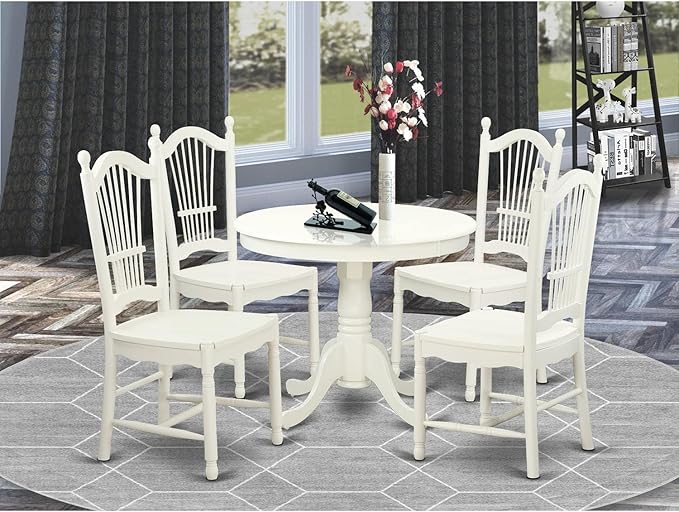 East West Furniture ANDO5-LWH-W Antique 5 Piece Room Furniture Set Includes a Round Kitchen Table with Pedestal and 4 Dining Chairs, 36x36 Inch - LeafyLoom