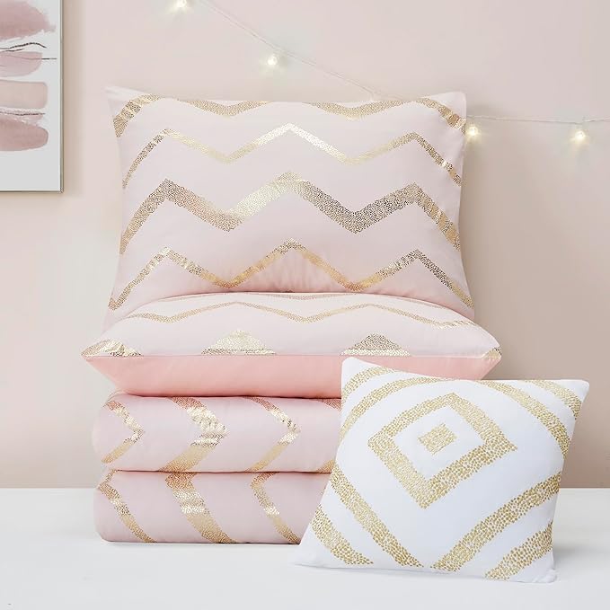 Codi Girl Bedding Sets, Queen/Full Size Comforter Set for Girls Teen/Kids, Pink/Rose Gold, 4 Piece (2 Matching Sham + 1 Decorative Pillow) - LeafyLoom