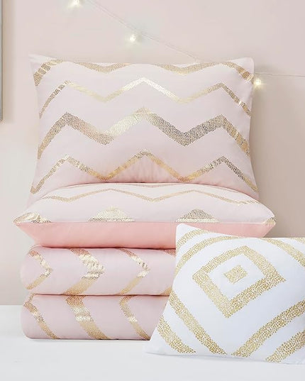 Codi King Size Bedding Sets Pink - Metallic Print Blush Comforter Set - 4 Piece includes 1 Rose Gold Comforter, 1 Decorative Pillow, 2 Pillow Cases - All Seasons Warm - LeafyLoom