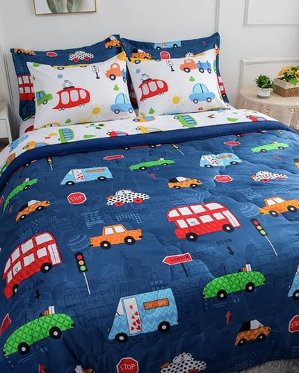 Wajade Cartoon Cars Comforter Set Bed in A Bag Full Size Colorful Cars Bus Van Traffic Lights Bedding Set for Boys Kids (1 Comforter, 1 Flat Sheet, 1 Fitted Sheet, 2 Pillowcase and 2 Pillow Sham) - LeafyLoom