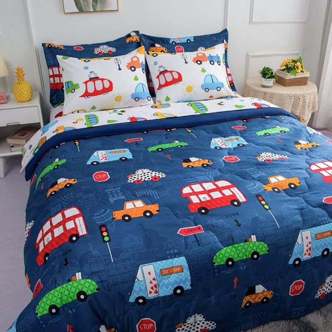 Wajade Cartoon Cars Comforter Set Bed in A Bag Full Size Colorful Cars Bus Van Traffic Lights Bedding Set for Boys Kids (1 Comforter, 1 Flat Sheet, 1 Fitted Sheet, 2 Pillowcase and 2 Pillow Sham) - LeafyLoom