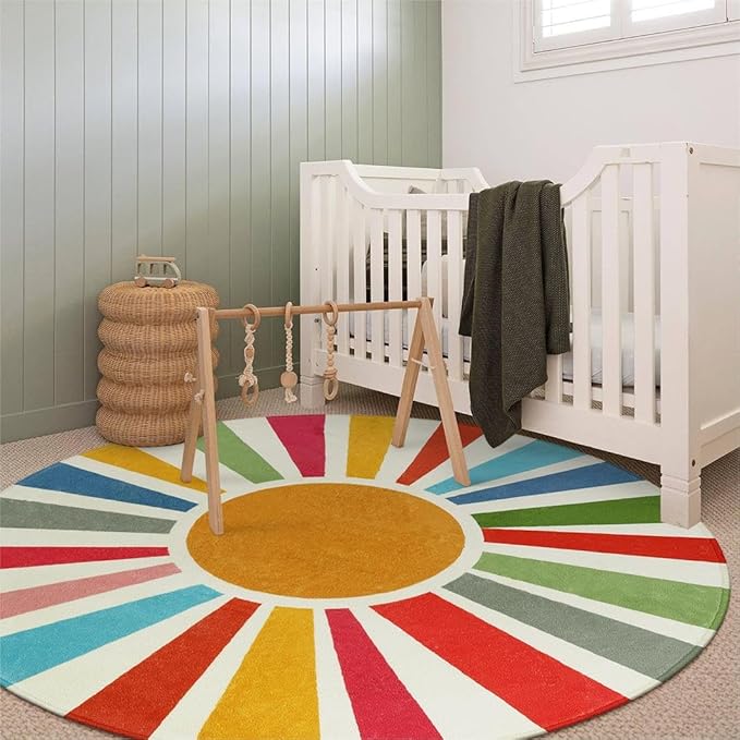 Round Boho Rug 6 Ft Washable Round Area Rug for Playroom, Sunshine Circle Rug for Kids Room, Non-Slip Circluar Rainbow Carpet Soft Large Kids Rug for Classroom Dorm Bedroom - LeafyLoom