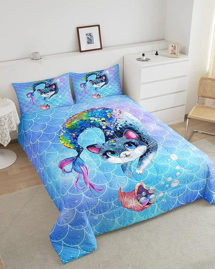 Rainbow Cartoon Cat Comforter Colorful Mermaid Comforter Set for Kids Boys Girls Teens Room Decor Blue Mermaid Scales Bedding Set Ocean Gradient Duvet Set 3Pcs King Size Boys - LeafyLoom