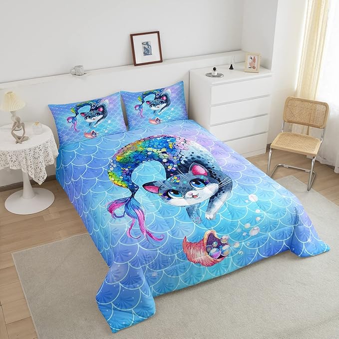 Rainbow Cartoon Cat Comforter Colorful Mermaid Comforter Set for Kids Boys Girls Teens Room Decor Blue Mermaid Scales Bedding Set Ocean Gradient Duvet Set 3Pcs King Size Boys - LeafyLoom