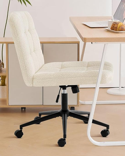 Furniliving Wide Desk Chair, Faux Fur Upholstered Office Chair with Wheels, Adjustable Accent Chair with Thicken Seat, Computer Chair for Living Room, Study Room, Home Office, IvoryWhite - LeafyLoom