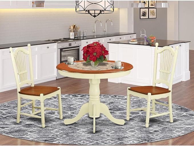 East West Furniture Antique 3 Piece Kitchen Set Contains a Round Dining Room Table with Pedestal and 2 Solid Wood Seat Chairs, 36x36 Inch, Buttermilk & Cherry - LeafyLoom