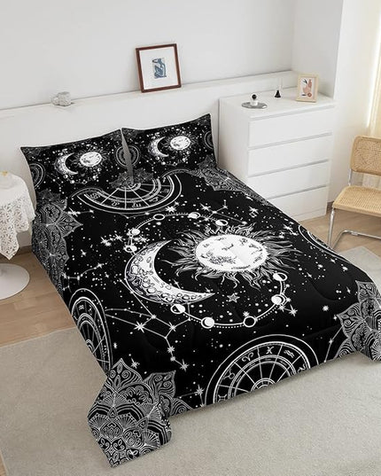 Sun and Moon Bedding Set Constellation Galaxy Comforter for Kids Boys Girls Teens Psychedelic Boho Mandala Comforter Breathable Celestial Duvet Set Black White Room Decor Quilt Cover Twin Size - LeafyLoom