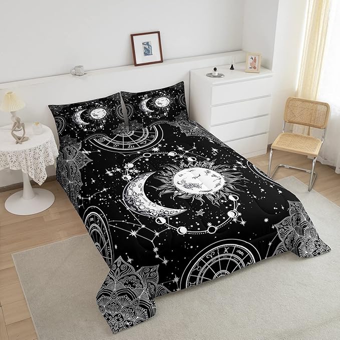 Sun and Moon Bedding Set Constellation Galaxy Comforter for Kids Boys Girls Teens Psychedelic Boho Mandala Comforter Breathable Celestial Duvet Set Black White Room Decor Quilt Cover Full Size - LeafyLoom