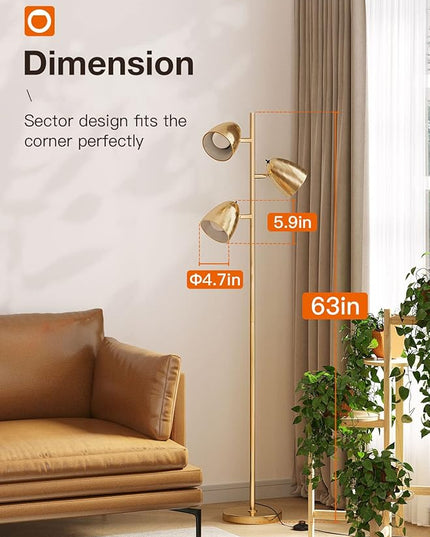 addlon Tree Floor Lamp with 3 Adjustable Rotating Lights and Matching LED Bulbs, Standing Tall Pole Lamps for Living Room, Bedroom, Home, Office - Brass Gold - LeafyLoom