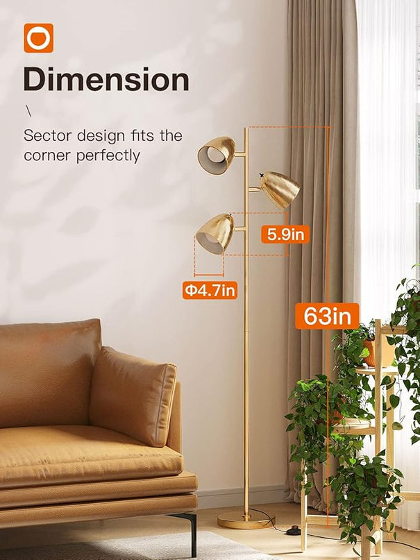 addlon Tree Floor Lamp with 3 Adjustable Rotating Lights and Matching LED Bulbs, Standing Tall Pole Lamps for Living Room, Bedroom, Home, Office - Brass Gold - LeafyLoom