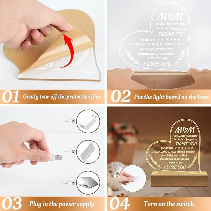 Gifts for Mom from Daughter Son - Unique Engraved Wooden Base Lamp Presents, to My Mom Gifts, Mom Birthday Gifts - LeafyLoom