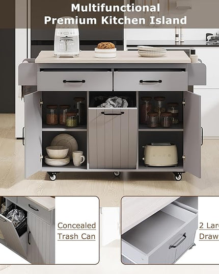 51.06 Inch Rolling Kitchen Cart with Trash Can Storage Cabinet & Drop Leaf, Portable Mobile Islands Table w/Adjustable Shelf, Spice, Towel Rack and Drawers, for Dining Room, Grey - LeafyLoom