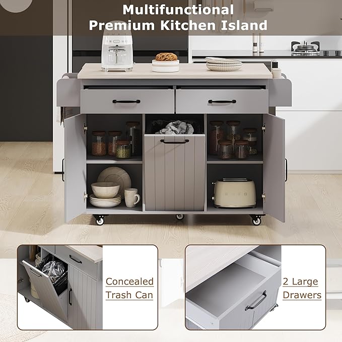 51.06 Inch Rolling Kitchen Cart with Trash Can Storage Cabinet & Drop Leaf, Portable Mobile Islands Table w/Adjustable Shelf, Spice, Towel Rack and Drawers, for Dining Room, Grey - LeafyLoom