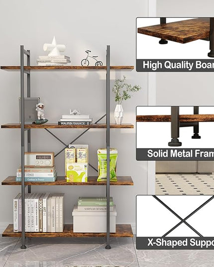 4 Tiers Bookshelf Rustic Brown Wooden Storage Shelf, Industrial shelf Book Organizer,Modern Open Display Storage Bookcase,Metal Bookshelf Standing Tall Shelving Units for Home Office Study. - LeafyLoom