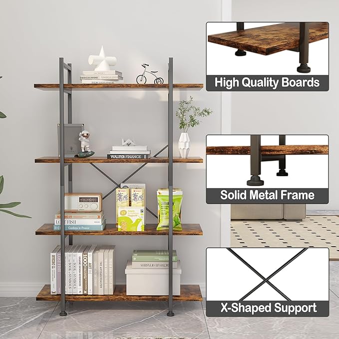 4 Tiers Bookshelf Rustic Brown Wooden Storage Shelf, Industrial shelf Book Organizer,Modern Open Display Storage Bookcase,Metal Bookshelf Standing Tall Shelving Units for Home Office Study. - LeafyLoom