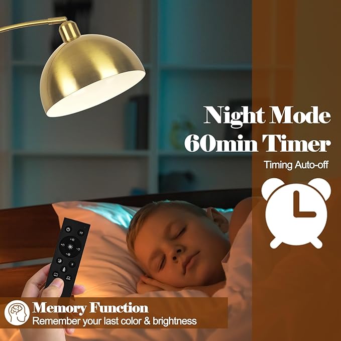 【Upgraded】 Arc Floor Lamps for Living Room - Stepless Dimmable Gold Tall Lamp with Remote Control & Color Temperature 9W LED Bulb, Over Couch Arched Reading Standing Lamp for Bedroom Brass - LeafyLoom