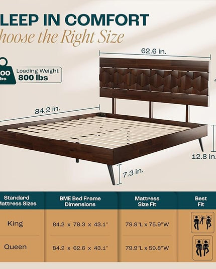 Bme Georgina 45 Inch Solid Wood TV Stand & Signature Queen Bed Frame with Handcrafted Geometric Headboard, Walnut - LeafyLoom