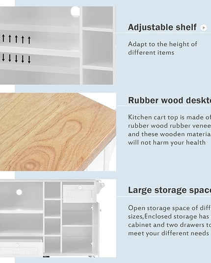 Kitchen Island with Storage, Rolling Table on Wheels Solid Wood Desktop, Microwave Cabinet, Floor Standing Buffet Server Sideboard for Dinning Room - LeafyLoom