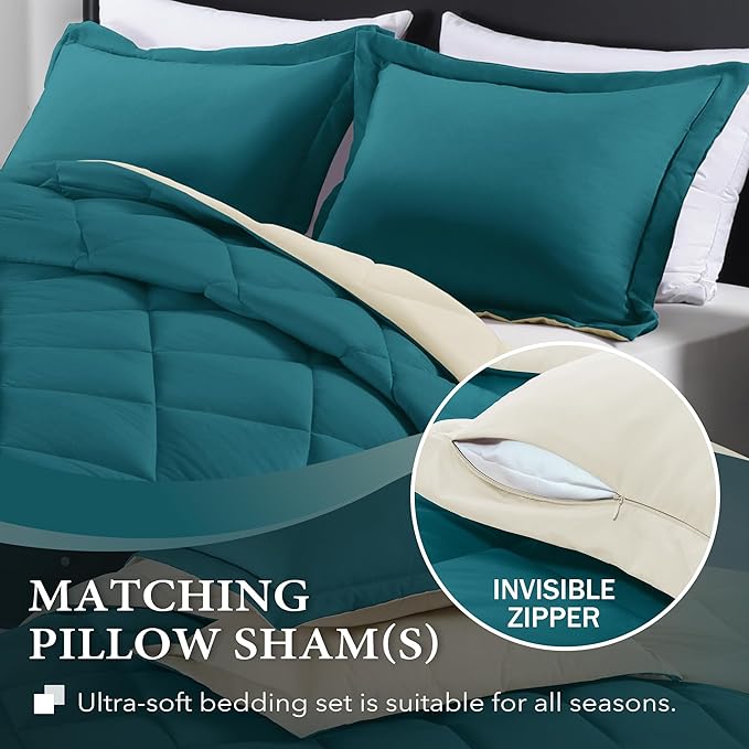 downluxe Twin Comforter Set - Teal Blue and White Twin Comforter, Soft Bedding Sets for All Seasons -2 Pieces - 1 Comforter (66"x92") and 1 Pillow Sham(20"x26") - LeafyLoom
