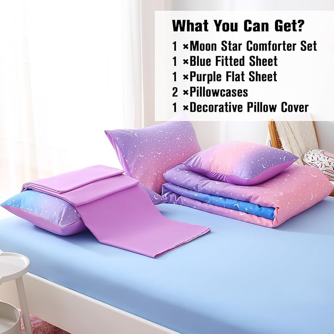 JQinHome Twin Girls Comforter Set,6 Piece Bed in A Bag 3D Purple Orange Glitter Bedding Set -All Season Microfiber Rainbow Bedding Sets for Girls Women - LeafyLoom