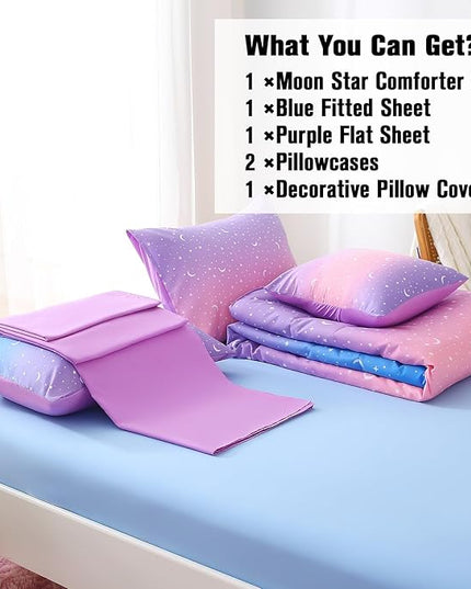 JQinHome Queen Girls Comforter Set,6 Piece Bed in A Bag 3D Purple Orange Glitter Bedding Set -All Season Microfiber Rainbow Bedding Sets for Girls Women - LeafyLoom