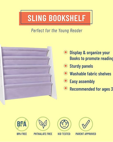 Wildkin Kids Canvas Sling Bookshelf for Boys and Girls, Wooden Design Features Four Fabric Shelves, Keep Bedrooms, Playrooms, and Classrooms Organized, an Ideal Kids Bookshelf (White w/Lilac) - LeafyLoom